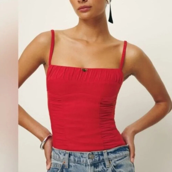 NEW Reformation Emery Linen Top in Lipstick Red Flower Detail | size 0 - Picture 1 of 11